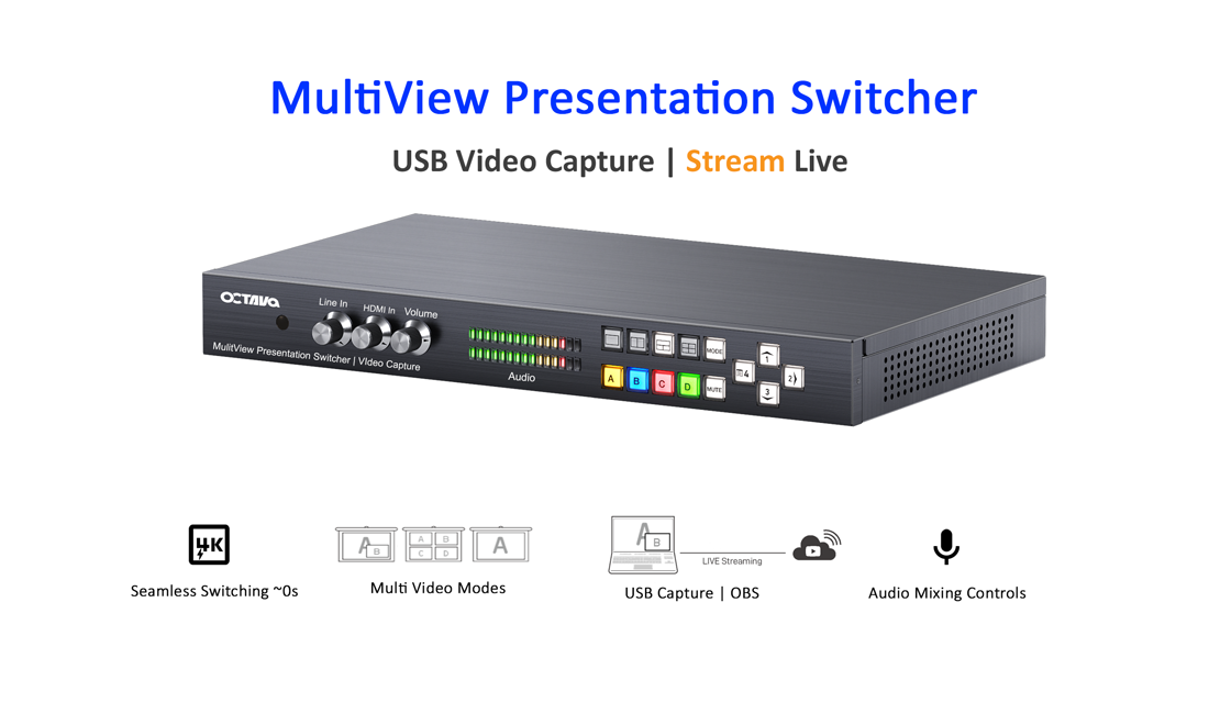 Octava MVPS-UHD42VC 4 Input 2 Output Presentation Switch with Video Capture