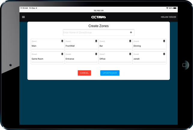 Octava HDLAN Control App | iPad| | Create Zones