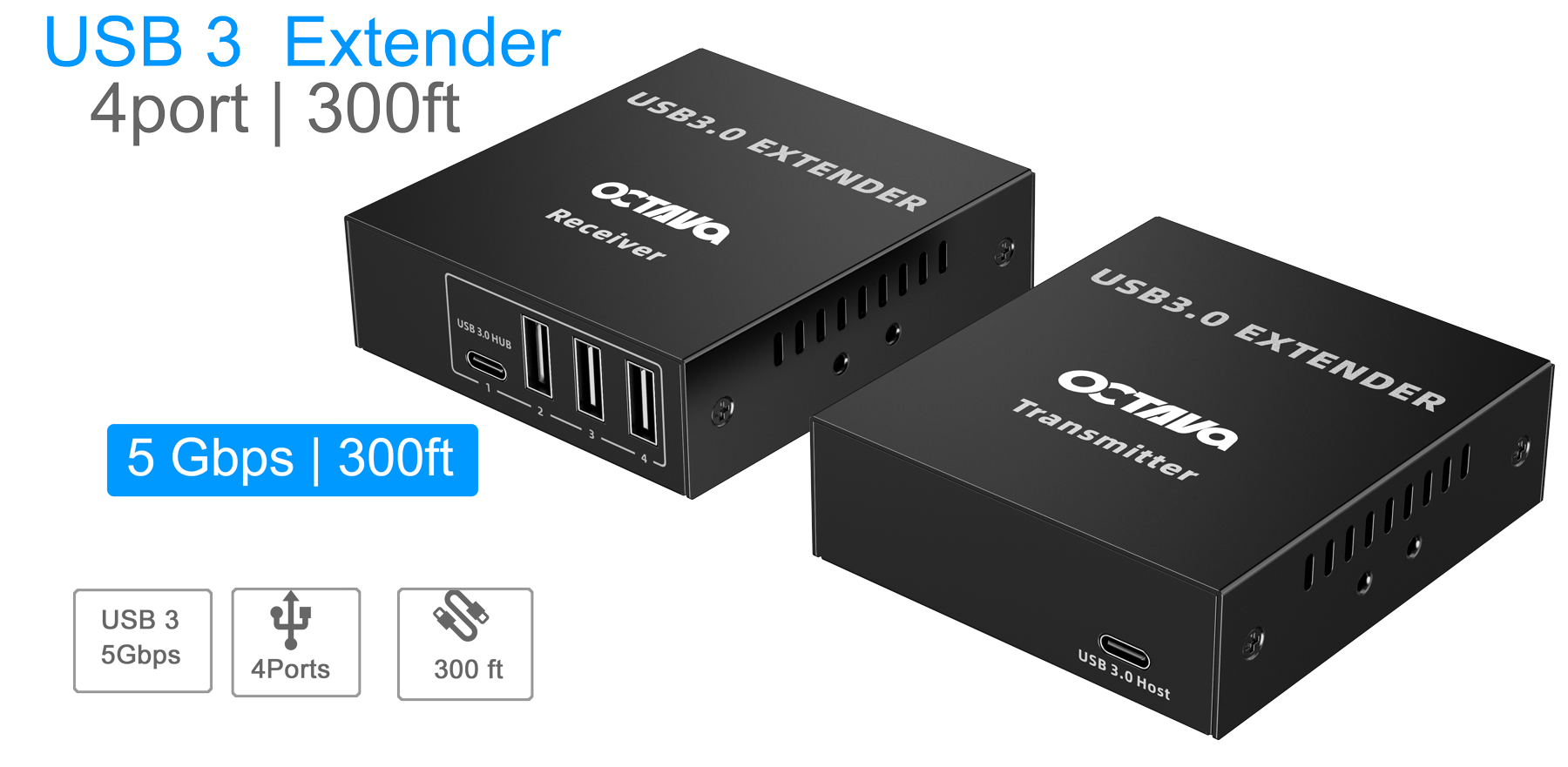 USB 3 extender up to 5Gbps over single CAT 6/7 cable.